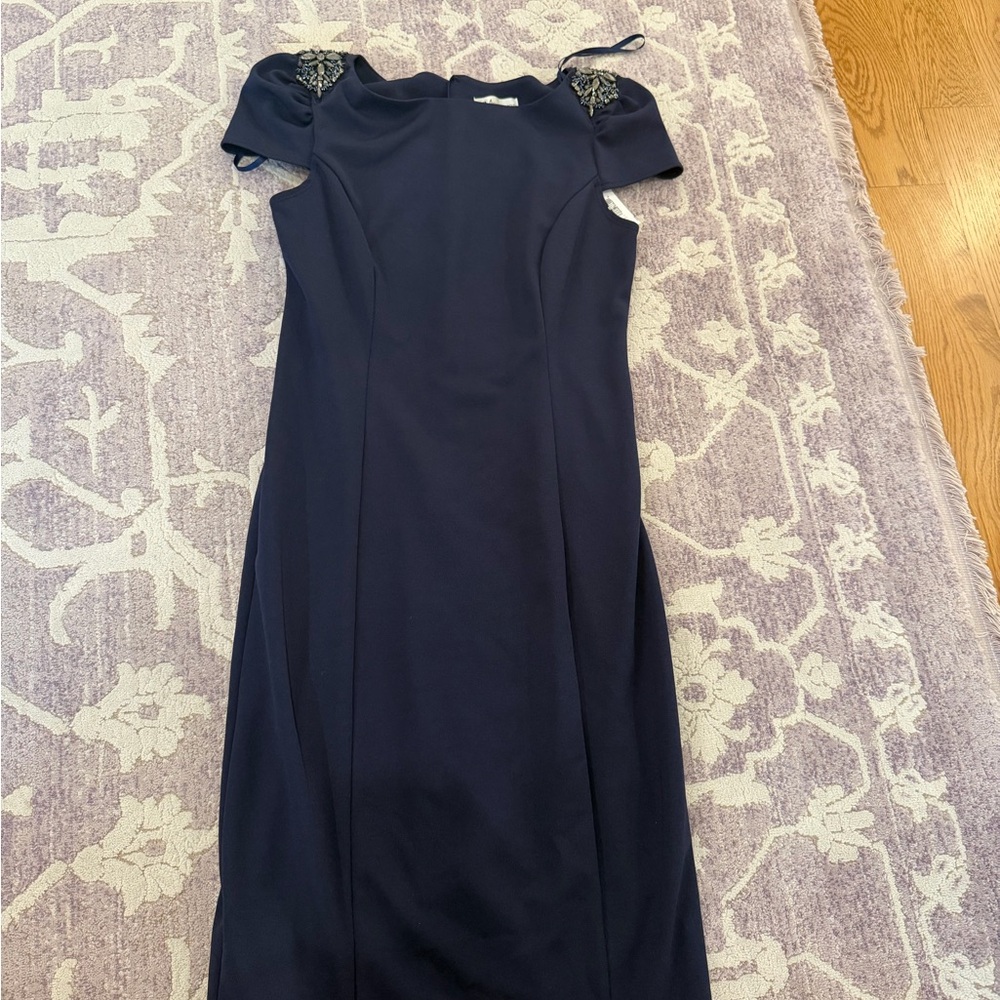 Neiman Marcus Navy Cold-Shoulder Midi Sheath Dress with Embellished Shoulders